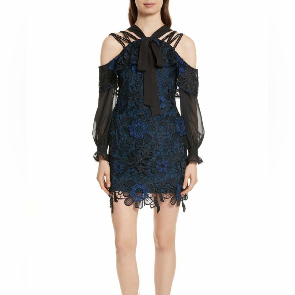 Self-Portrait Lace Off Shoulder Dress Navy Black Floral Midi Long Sleeve Size 4